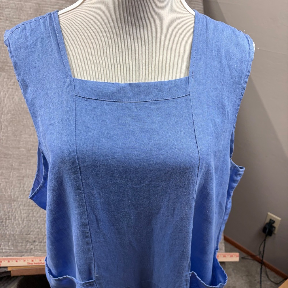 FLAX Jeanne Engelhart Blue 100% Linen Sleeveless Square Neck Midi Dress Medium